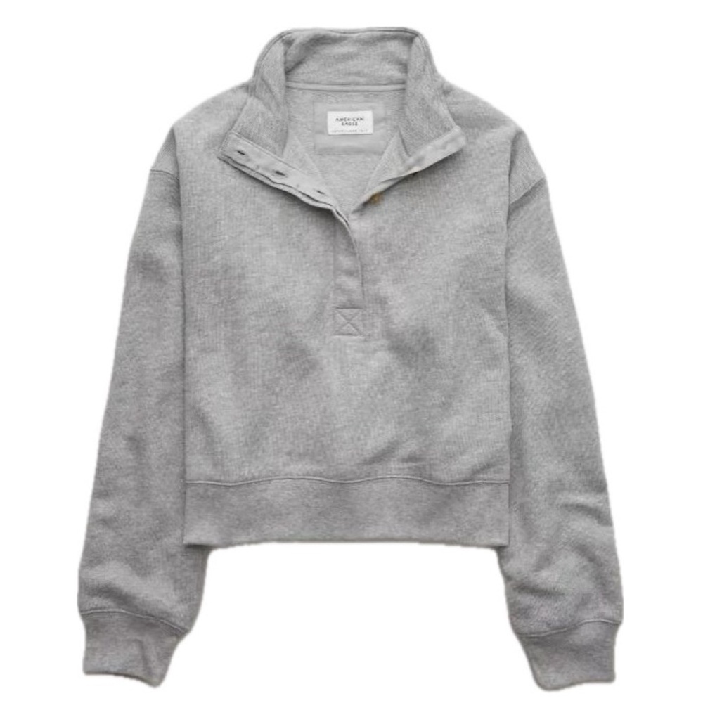 American Eagle Cropped Henley Fleece Sweatshirt Cozy Fall Preppy Style